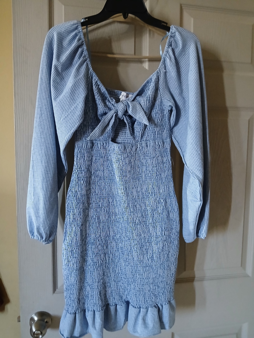 Women's Light Blue Long Sleeve Smocked Mini Dress with Front Tie